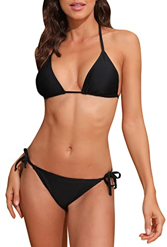 Halcurt Neckholder Top Badeanzug Damen Badeanzug Triangel Bikini Sets Schwarz M