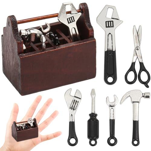 Wichteltür Zubehör,Wichteltür Zubehör Weihnachten,Puppenhaus Miniatur Zubehör,Wichtel Zubehör,Miniatur Holz Toolbox,Miniatur Werkzeugkasten mit Werkzeug