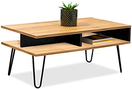 MeblePitus.pl Moderner Couchtisch Trebia II, Loftbank, zusätzliches Regal mit Trennwand, Eicheimitat, ideal für jeden Raum, solide und stabile Konstruktion, laminierte Platte