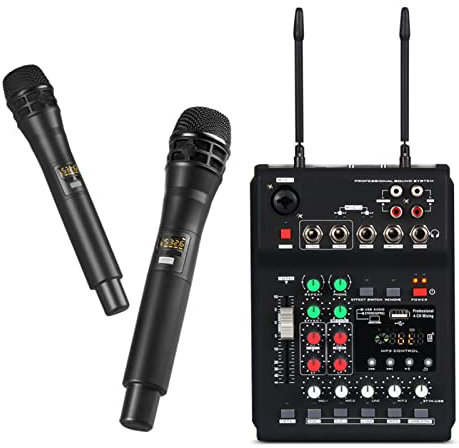 HMTE Consola mezcladora de Audio portátil de 2 Canales para DJ con micrófono inalámbrico Mezcla de Sonido con Bluetooth USB Mini Mezclador de DJ para Etapa de grabación de Banda doméstica