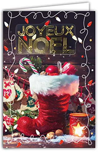 Afie 61-6039 Glückwunschkarte Frohe Weihnachten mit Umschlag und Collage EN RELIEF Gold glänzend funkelnd Nikolausstiefel Geschenke Zuckerstange Kerze Adventskalender Lichterkette