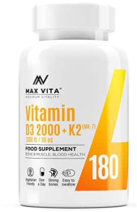 Vitamin D3 2000 IU K2 (MK-7) 100mcg - High Strength Vegetarian 180 Tablets - D3 K2 Cholecalciferol & Menaquinone from Natto - Bones Muscle Teeth Immune System Support - UK Made Non GMO