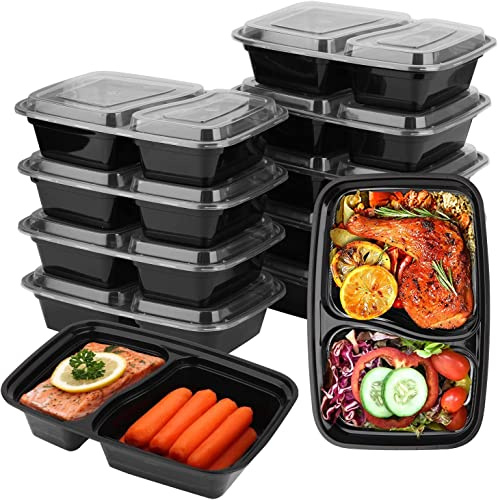KAHEIGN 12 Pièces 2 Compartiments Contenants de Préparation de Repas, 1000ml Réutilisable Plateaux de Stockage des Aliments en Plastique Récipient de Charcuterie Étanche Sans BPA avec Couvercles