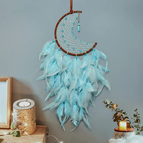 Dremisland Mond Traumfänger Handgemachte Grün Federn Boho Traumfänger Makramee Wandbehang Türkis Anhänger Ornament Weihnachten Dreamcatcher Wanddekor Craft Geschenk, Kein Licht