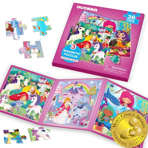 QUOKKA Magnetic Puzzles for 2 3 Year Olds - Travel Games for Kids Age 4 5 - Travel Toys for Toddlers on Plane Car Ride - 36 pc Jigsaw Princess Unicorn Games For 3 year olds - Plane Activities For Kids