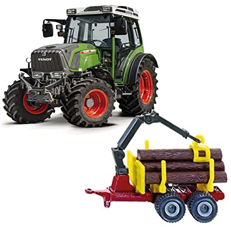 Maisto Mini Working Machines FENDT 209 VARIO TRACTOR WITH LOG TRAILER – 3” Scale – Incredibly Detailed Die-Cast Replica Collectible Model, Green