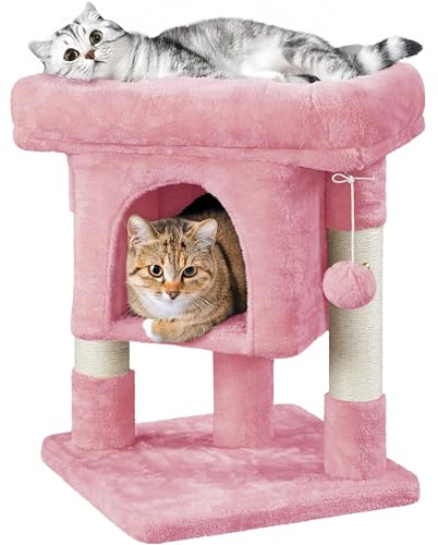 Yaheetech Arbre à Chat 59 cm avec Niche Plateforme Poteaux Sisal Rose | Structure Compacte pour Petits Espaces, charge 5 kg, panneau FSC, montage simple, boule amovible pour chatons et petits chats