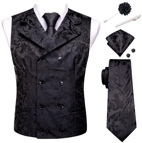 Hi-Tie Herren-Seide, zweireihig, Krawatte, vorgebundene Fliege, Anstecknadel und Taschentuch, Manschettenknöpfe, Hochzeit, Business, Smoking, Schwarz, floral, X-Large