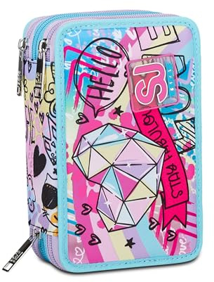 SJ Gang Astuccio Scuola 3 Zip, Azzurro, ColorJam, Portapenne Triplo Scomparto Completo Di Penne, Matite, Colori, Accessori Zaino, Elementari, Medie, Bambina