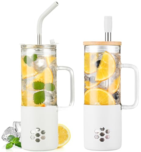 BLUEGO 600ml Glasbecher mit 2 Deckeln und Henkel, Niedlicher Glasbecher mit Strohhalmen und Silikonhülle, Eiskaffeebecher, 0,6L Smoothiebecher, Bubble Tea Becher, Reisebecher, Weiß