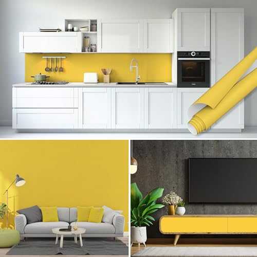 Yellow Solid Color Self-Adhesive Foils, Furniture Veneer, Stickers for Furniture, Bedroom, Bathroom Film, Peel and Stick Wallpaper (W17 x196)