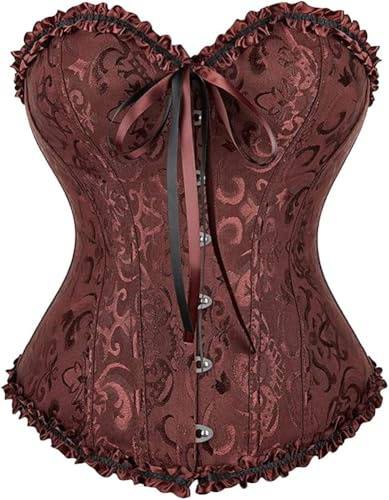 ADELCE Women's Lace Up Corset Boned Floral Overbust Shapewear Lingerie Bustier Bodyshaper Top Brown L