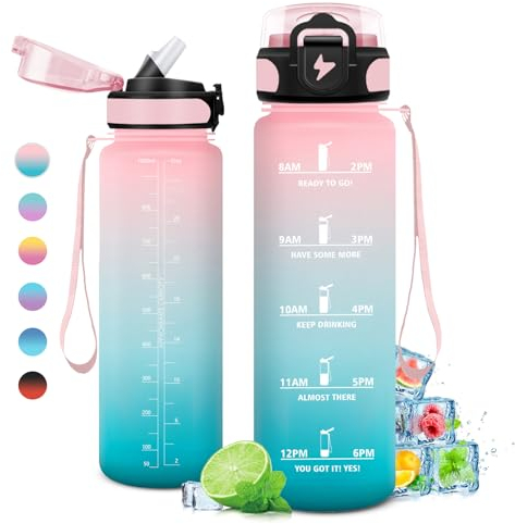 KollyKolla Borraccia 1L, Borraccia con Cannuccia, Borraccia Palestra a Prova di Perdite, Bottiglia d'acqua Sportiva con Indicatore del Tempo, Borraccia Motivazionale per Adulto, Bici, Viaggio