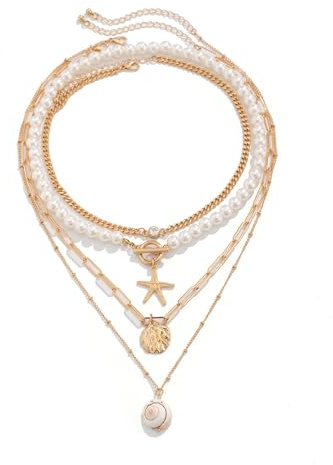 AOWVUTS Collana per Donna, Collane Boho a Strati Regolabili, Collane da Spiaggia di Perle, Conchiglie, Stelle Marine, Collana Girocollo Impilabile Gioielli Estiva (3)
