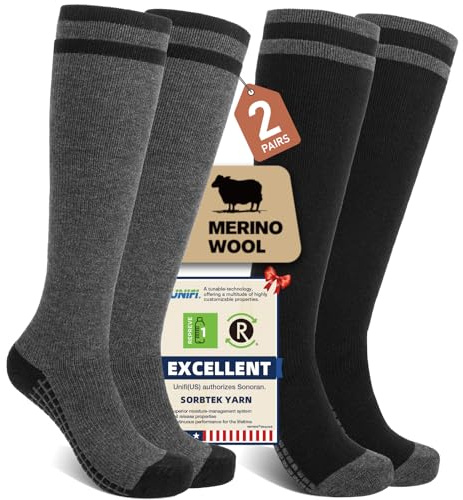 SONORAN 2 Pairs Merino Wool Compression Socks for Men Women, Knee High Winter Thermal Thick Warm for Cold Weather Christmas Gift S/M Black&Gray