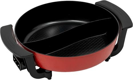 1360W Elektrischer Hot Pot Topf aus Aluminium mit Antihaftbeschichtung, 5 Gang Temperaturregelung Chinesischer Hotpot Shabu-Topf, 6L Multifunktions Partypfanne Kochtopf mit Glas-Deckel