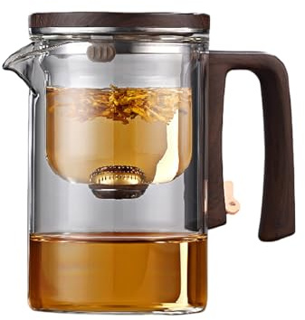 Enchantipot Théière en verre avec infuseur, séparation magique de l'eau, poignée en bois, verre borosilicate résistant à la chaleur, avec passoire (520 ml, transparent)