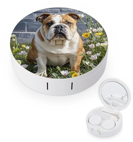JTREWBV Tragbare Reise-Kontaktlinsenbox, lustiger Bulldoggen-Druck, runder Kontaktlinsenbehälter, kompaktes Augenkontakt-Entferner-Werkzeug-Set für Reisen und Zuhause, weiß, Einheitsgröße,