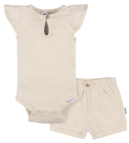Gerber Baby Girls' Bodysuit and Shorts Set, Light Oatmeal Heather, 0-3 Months