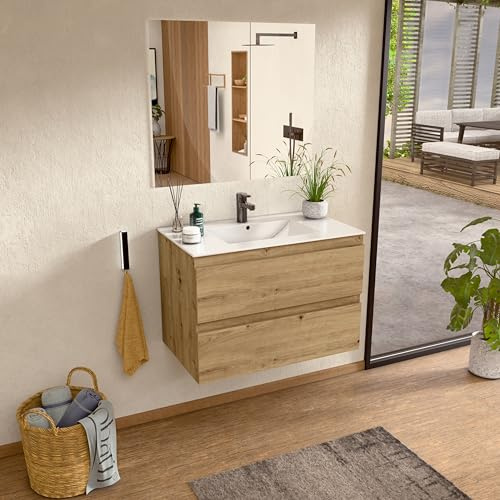 BELLOBATH Mueble Baño Suspendido 60 cm Roble, Encimera y Espejo