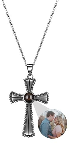 GROBTE Benutzerdefinierte Kreuz Projektion Halskette Foto Projektion Anhänger Silber Halskette Personalisierte Foto Ich Liebe Dich in 100 Sprachen Memorial Schmuck Geschenk Für Männer Frauen