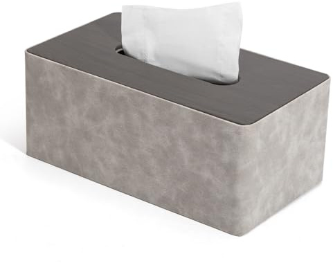 LARENNT PU-Leder Taschentuchbox, 25×14×10cm quadratische Kosmetiktücher Box, Taschentücher Box Spender TissueBox Tücherbox für Zuhause, Bad, Wohnzimmer, Schlafzimmer, Auto, Büro (Grau & Holzmaserung)