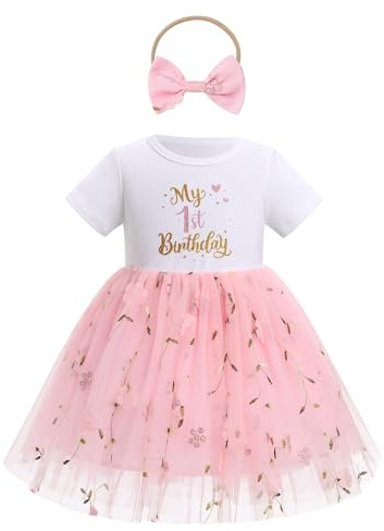 EFOGEP Baby Girl First Birthday Outfit Floral Embroidery Short Sleeve Tulle Tutu Princess Dresses with Bowknot Headband Sets Christening Cake Smash Newborn Photoshoot Clothes Pink 12-18M