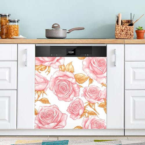 Ttgoth Copertura magnetica decorativa per lavastoviglie con rose rosa, pannello di copertura per porta d'ingresso, adesivo per elettrodomestici da cucina, 58,42 x 66,04 cm