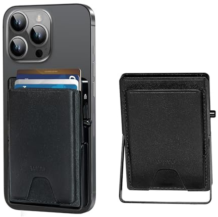 WIWU Magsafe Wallet 7 Card Holder with Adjustable Stand RFID Blocking Strong Magnetic Ultra Slim Metal Travel Leather Wallet for iPhone 16/15/14/13/12 Series Android (Black)