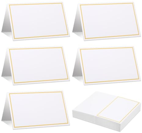 Chtaoxin 50 Pcs Name Cards for Table Setting, Place Cards for Table, Seat Labels with Gold Foil Border for Weddings, Banquets and Party Events, Folding Size: 3.5 x 2 inches, White