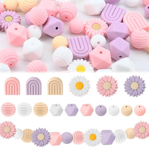 Blumenförmige Silikonperlen Rund Lose Bastelperlen Bulk Gänseblümchen Silikonperlen Blumen Perlen mit Nylonseil für Stifte Handwerk Halskette Armbänder Schlüsselanhänger Machen