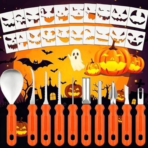 Forbabe 30pcs Halloween Kürbis Schnitzset, Halloween Deko Kürbis Schnitzen | Kürbis Schnitzen Set mit 10 Edelstahl Kürbis Schnitzen Messer & 20 PVC Vorlagen DIY Kürbis Schnitzen für Erwachsene Familie