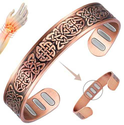 Vicmag Pulsera magnética de cobre para hombre, 9 imanes fuertes (cada 5000 gauss), 99,99% cobre puro con caja de regalo (nudo celta 1)