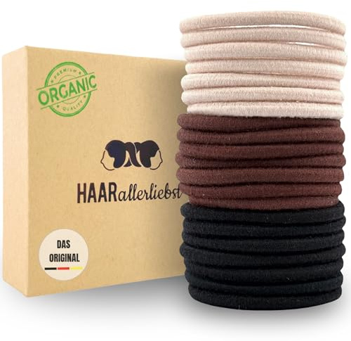 Haarallerliebst Haargummi Damen 18er Set – Haargummis ohne Metall aus Bio-Baumwolle & Naturkautschuk – Zopfgummi Mix schwarz braun beige für starken Halt – Schonend zu Haar & Umwelt
