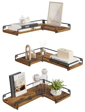VASAGLE Mensole Angolari a Forma di L, Set di 3, Mensole da Parete Galleggianti, Stile Industriale, per Soggiorno, Camera da Letto, Cucina, Marrone Vintage LLS833KD01