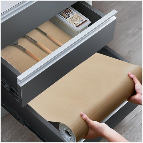 ALIUNI Drawer Liners Non-Adhesive, 30 x 300cm Non-Slip Shelf Liner for Kitchen Cupboards, Waterproof Oil-Proof BPA-Free Cabinet Mat for Fridge Pantry Bedroom Wardrobe Bathroom, Beige