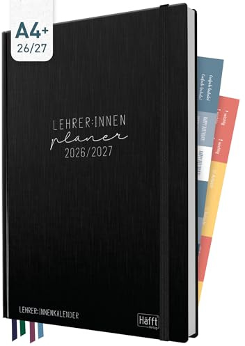 Häfft® Lehrer-Planer Maxi 2026/2027 im A4+ Format Black Edition | Großer Lehrerkalender & Schulplaner für das Schuljahr 26/27 – Hardcover mit 4 Lesebändchen, Notenlisten & Stickern