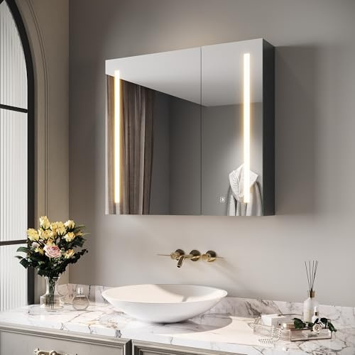 SIRHONA Armoire de Toilette avec Étagère à Maquillage 70x65cm, Armoire Miroir Salle de Bain et LED éclairage Réglable avec Prise, 3X Loupe Réglable, Armoire à Pharmacie, Gris éclatant