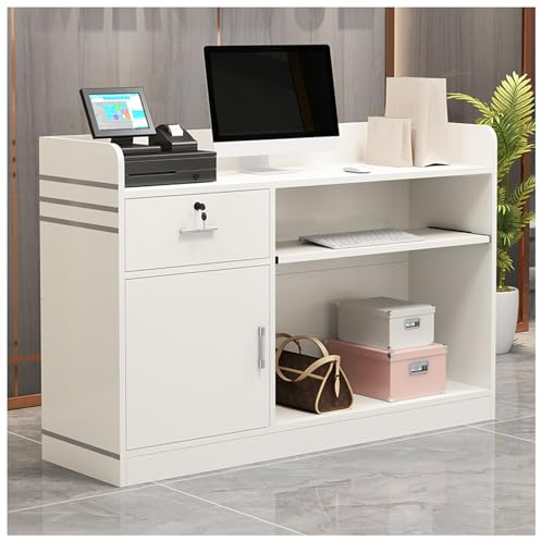 Elegant träreceptionsskrivbord för kläder och närbutikerRymlig bänkskiva tyst tangentbordsbricka kabelhantering vit finish (39,4 x 16,5 x 36,2)