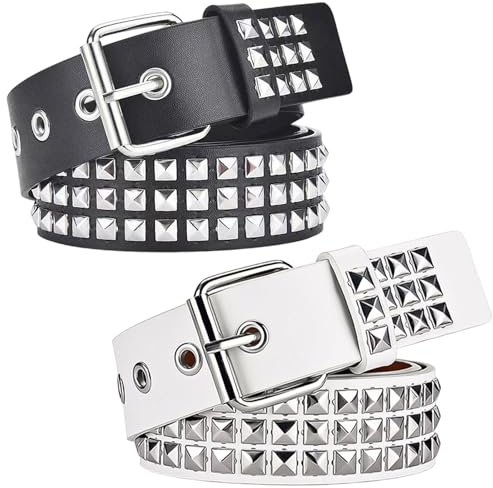Yuwnd Nietengürtel, Studded Belt für Damen und Herren, Gürtel Nieten für verschiedene Anlässe, Nietengürtel mit 2 Gürteln in Schwarz und Weiß