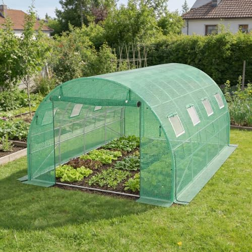 XMTECH Gewächshaus 3x4 m (12 m²) – Garten Foliengewächshaus mit 8 Fenstern, UV-beständig, verzinkter Stahlrahmen, Moskitonetz, ideal für Gemüse, Tomaten, Blumen, Tomatenhaus, grün