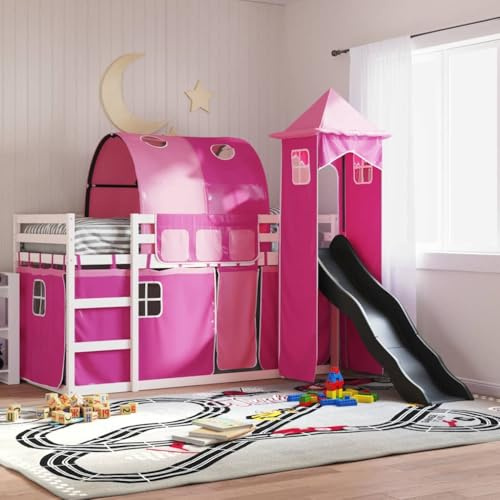 Zeehear Solid Pine Wood Bunk Bed, White Finish, 90x200 cm, with Fun Slide, Pink Curtains, Safety Guardrails, and Ladder for Kids' Playroom