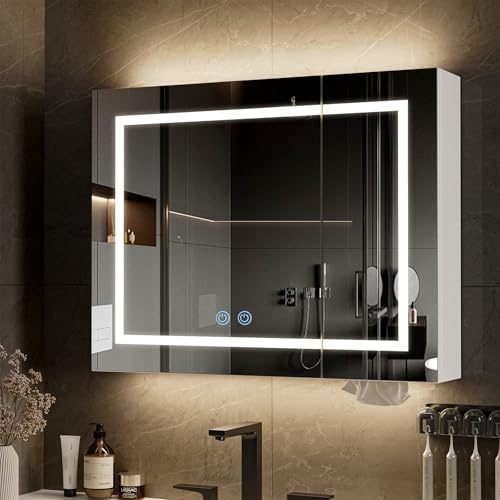 Belandi LED Bathroom Mirror Cabinet, Wall Mounted Medicine Cabinet with 3-Color LED Lights, Defogger, Dimmer, Bathroom 3-Adjustable Shelves Storage Cabinet with Vertical Backlight