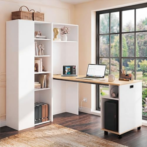 BTM Eckschreibtisch mit Stauraum Schreibtisch Klappbar mit Regal, 2-in-1 Bücherregal und Eck Schreibtisch Weiß mit Steckdose, Links