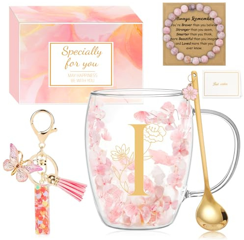 MOTONG Birthday Gifts for Women Glass Coffee Mug, Double Wall Espresso Tea Cups with Letter I Printing, Personalised Gifts for Women Ladies Christmas Valentine's Day Mother's Day with Spoon Bracelet