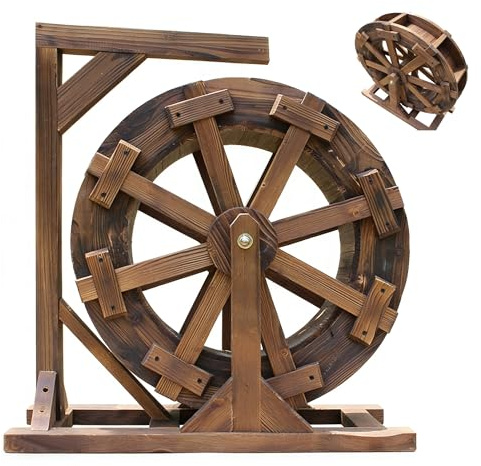 Fontana idraulica in legno con supporto, fontana da giardino per esterni, decorazione per patio, ruota d'acqua rustica per piscina e stagno, fontana ornamentale retrò
