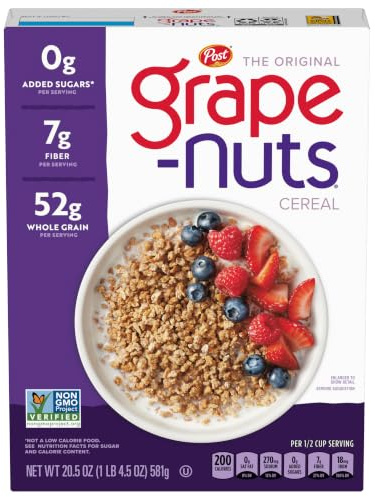 Grape-Nuts Original Cereal, Crunchy Whole Grain Wheat and Barley, Non-GMO, 20.5 oz Box