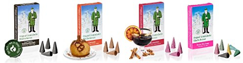 Crottendorfer Räucherkerzen Set im 4er Pack mit 24 ST pro Packung, Räucherkegel in Größe M in verschiedenen Duftvarianten wie Zimtapfel, Kaminzauber, Bunte Mischung, Erzgebirgischer Weihnachtsduft