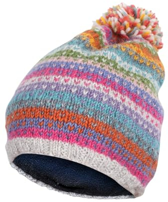 Pachamama kvinnor ullmössa mössa tofs mössa fleece fodrad handstickade prickar ränder flerfärgade en storlek handgjord extra varm rättvis handel, Flerfärgad, one size