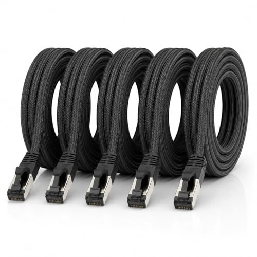 1m - Câble Patch CAT 6a en Coton Noir Noir - Pack de 5 Câble Réseau Tissu Coton Manteau Cat Câble Cat 6 a Câble Ethernet RJ 45 LAN 500Mhz 10 Gb s - 5 x 1 Mètre